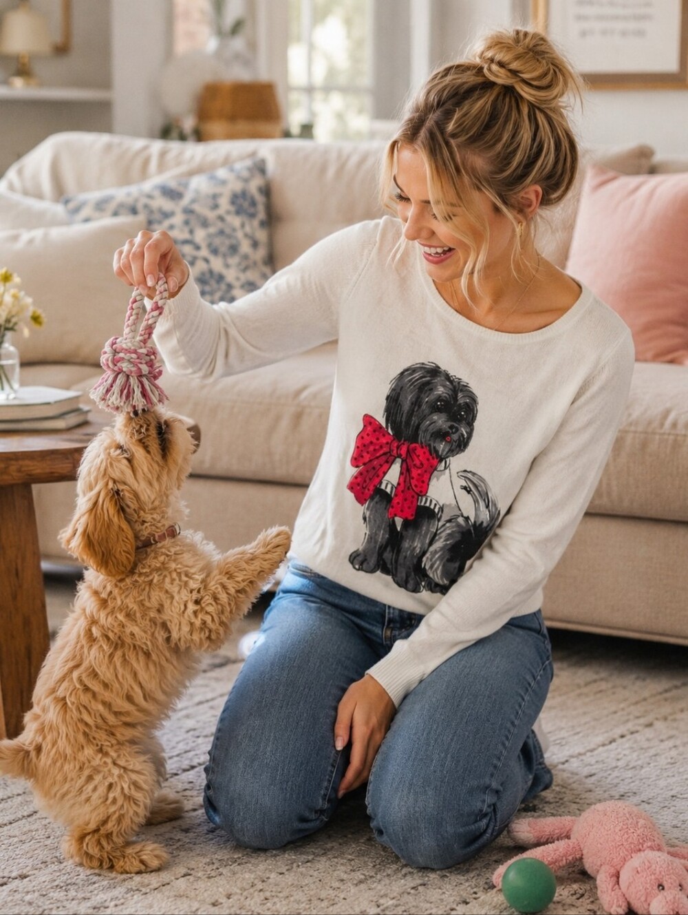 Emaline White Scoop Neck Sweater with Graphic Dog and Red Bow Size PM
